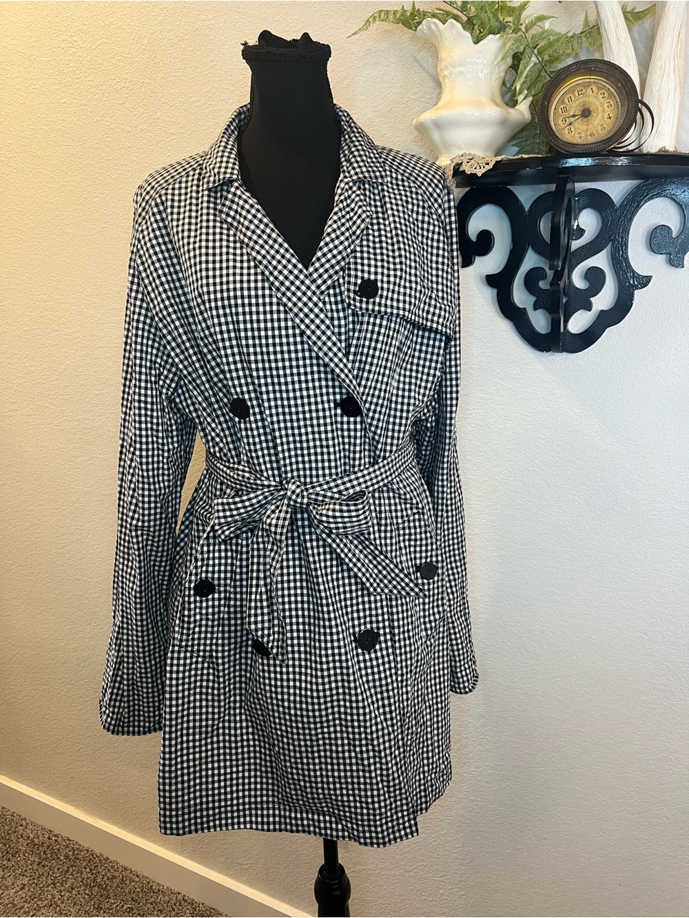 Liz & Co Black White Gingham Tie Belt Pea Raincoat Sz XL Preppy Light Weight
